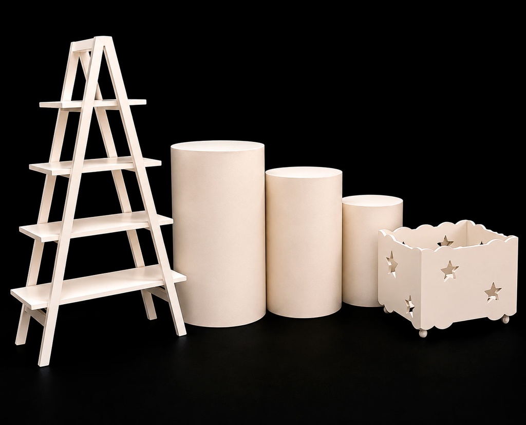 Combo de 3 Cilindros Decorativos, Escalera de Pino y Caja de Regalo al Natural